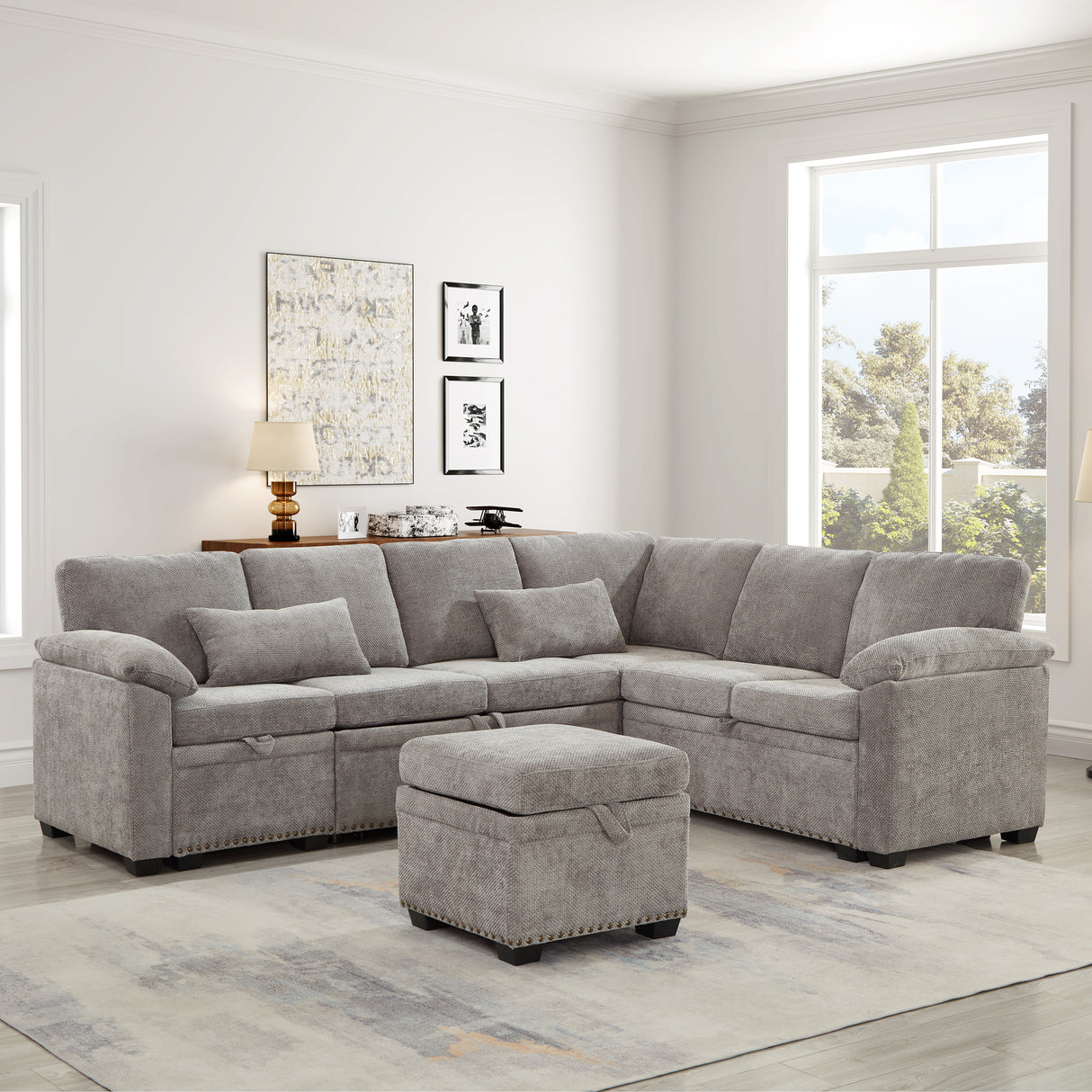 97 Inch L-Shaped Corner Sectional Sofa Couch with Seat and Storage Ottoman,Chenille Fabric Corner Couch with 7 Seats & 2 Pillows for Living Room, Grey