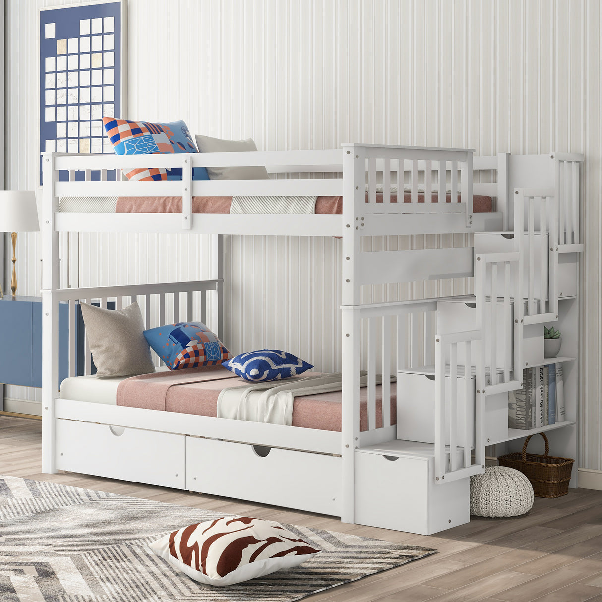 Full Over Full Bunk Bed with Shelves and 6 Storage Drawers, White(Old SKU:LT000046AAK) - sold by Home Elegance USA