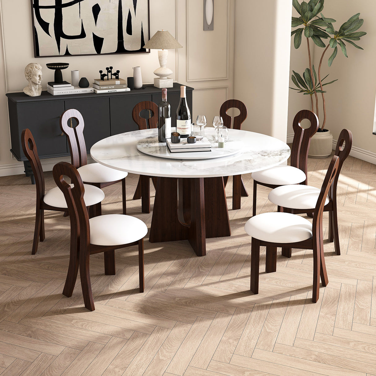 Modern Marble Dining Table, 59' Sintered Stone Round Dining Table with Solid Wood Walnut Base, Sturdy Cross Design for 6-8 People-Walnut (with 8 Chairs)