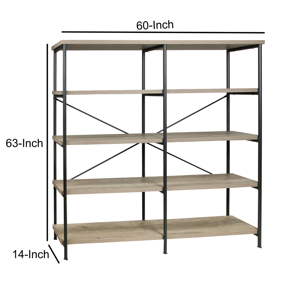 63 Inch Industrial 4 Tier Bookshelf, Particleboard, Metal Frame, Gray, Black | Home Elegance USA