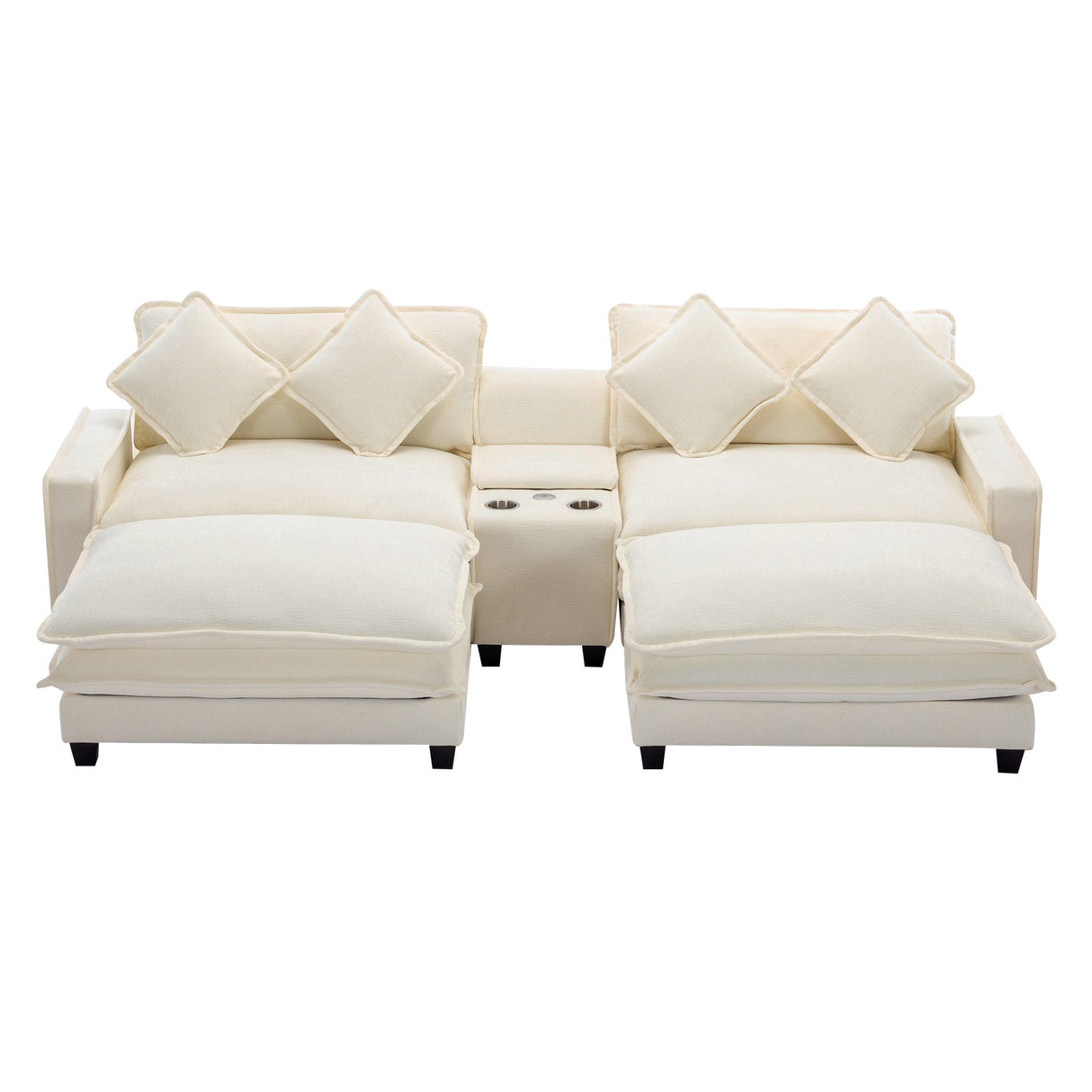 Chenille Upholstered Sectional Sofa with Removable Ottoman, USB Ports, Cup Holders, and Storage, Beige, 111' - sold by Home Elegance USA