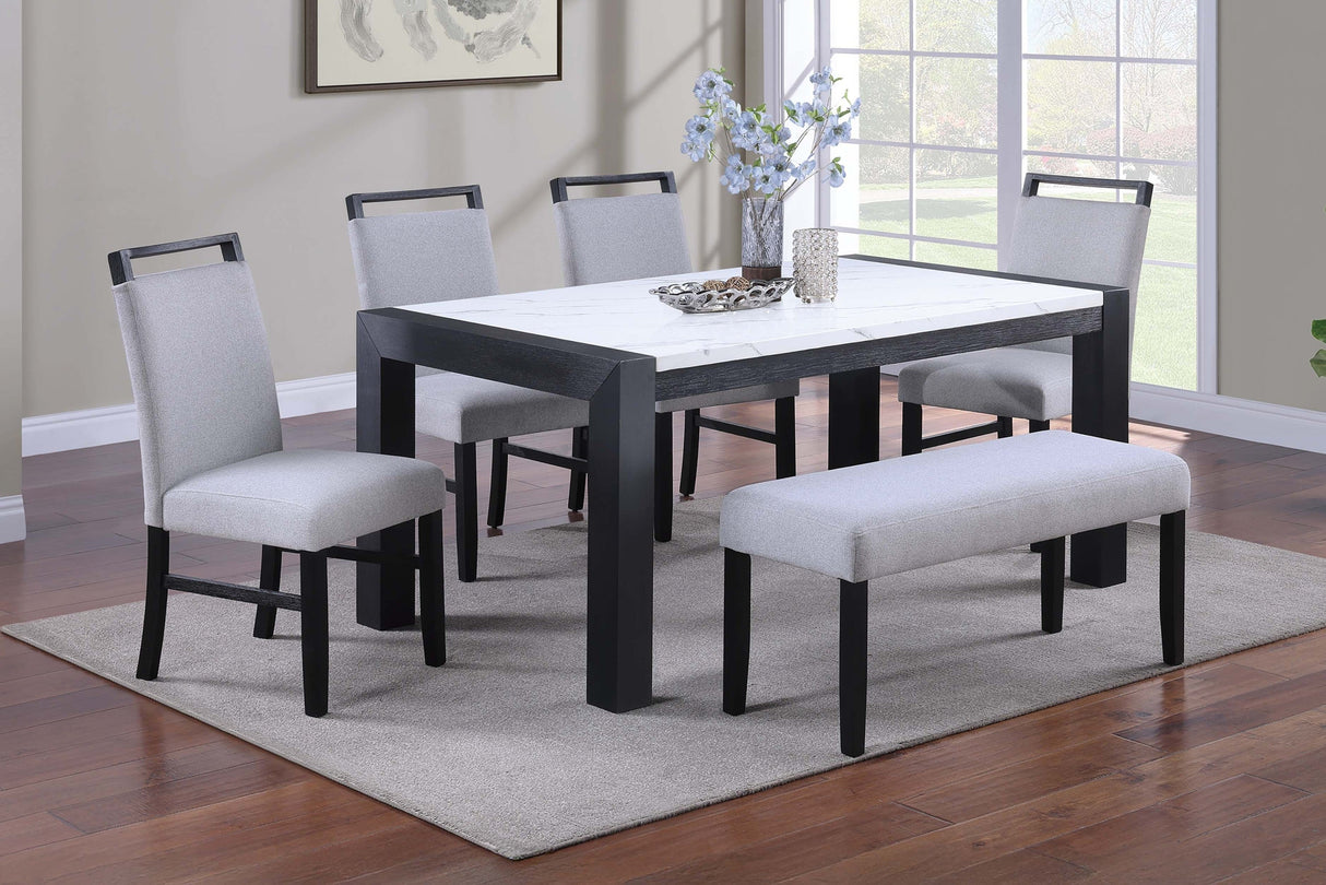 Modern Style Dining Table 4x Side Chairs Dining Bench White Faux Marble Top Table Bench 4x Chairs Wooden 6pc Dining Set - sold by Home Elegance USA