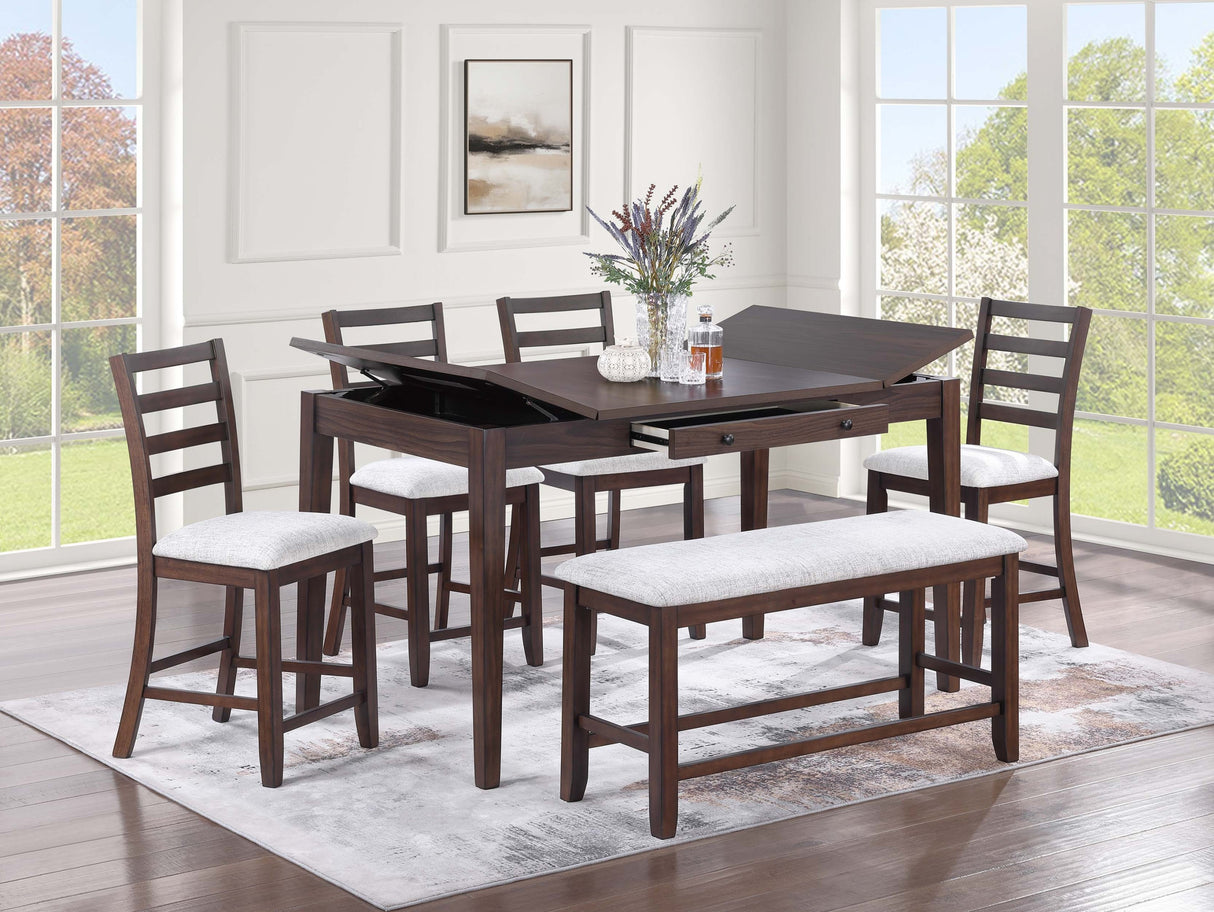 Contemporary Style 6pc Counter Height Dining Set Walnut Dining Table w Storage Ladder Back 4x High Chairs Bench Dining Room