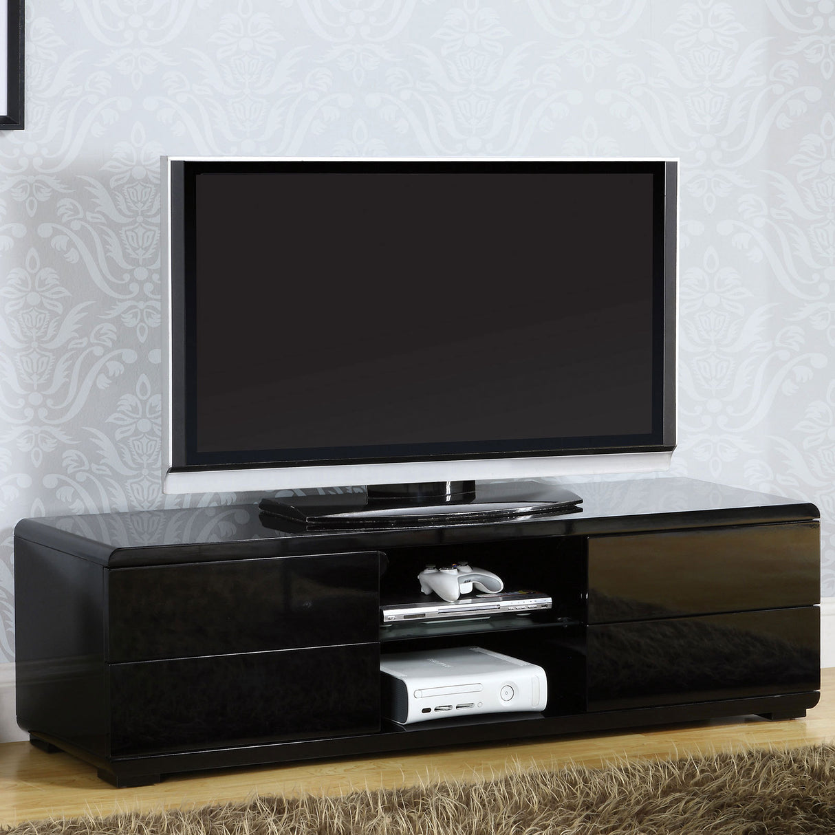 Black Finish Contemporary Style Lacquer Coating TV Console With Full Extension Ball Bearing Glides Drawers Rear Wearing Access And Open Storage Space