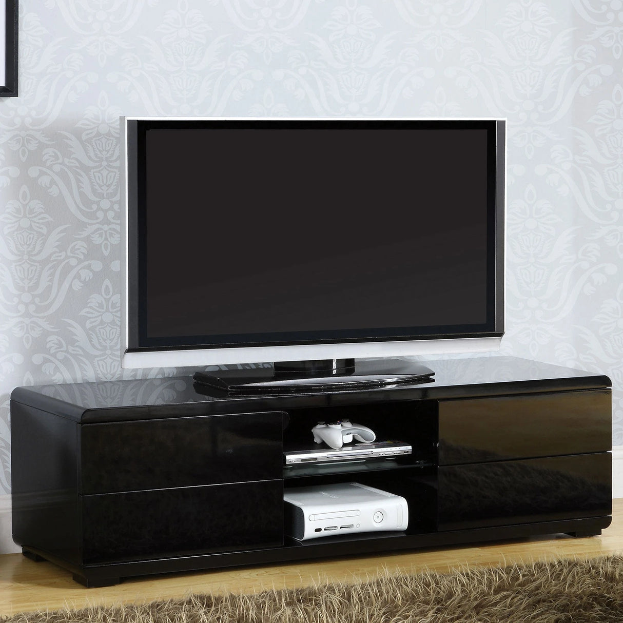 Black Finish Contemporary Style Lacquer Coating TV Console With Full Extension Ball Bearing Glides Drawers Rear Wearing Access And Open Storage Space - sold by Home Elegance USA