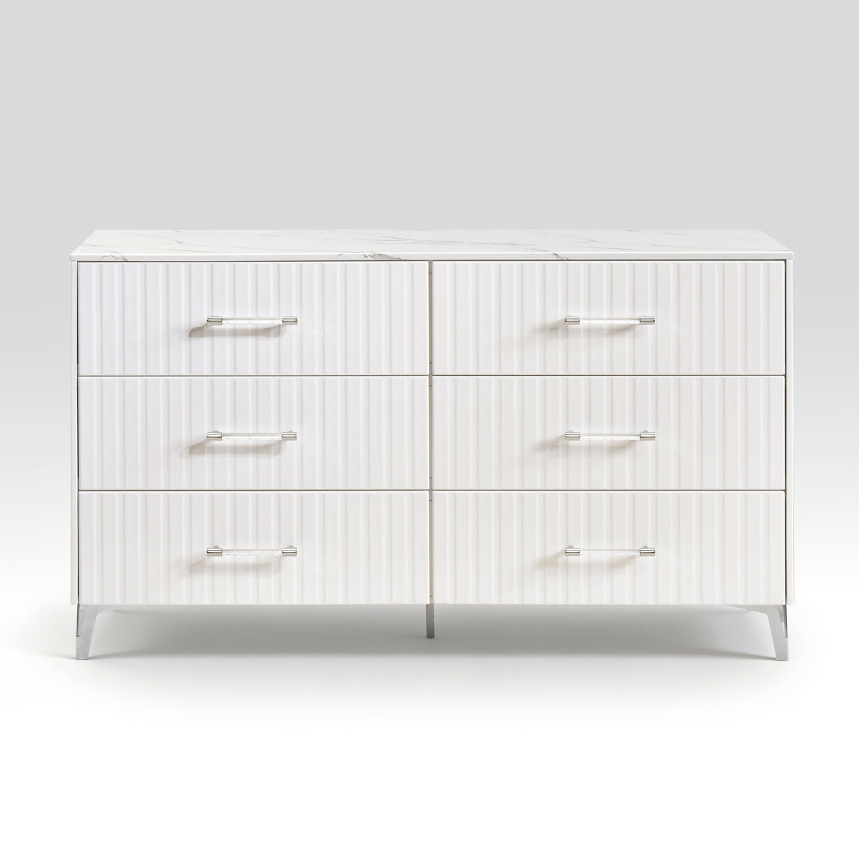 Glam White Dresser of 6x Storage Drawers Faux Marble Laminated Top Chrome Metal Legs Bedroom Furniture 1pc