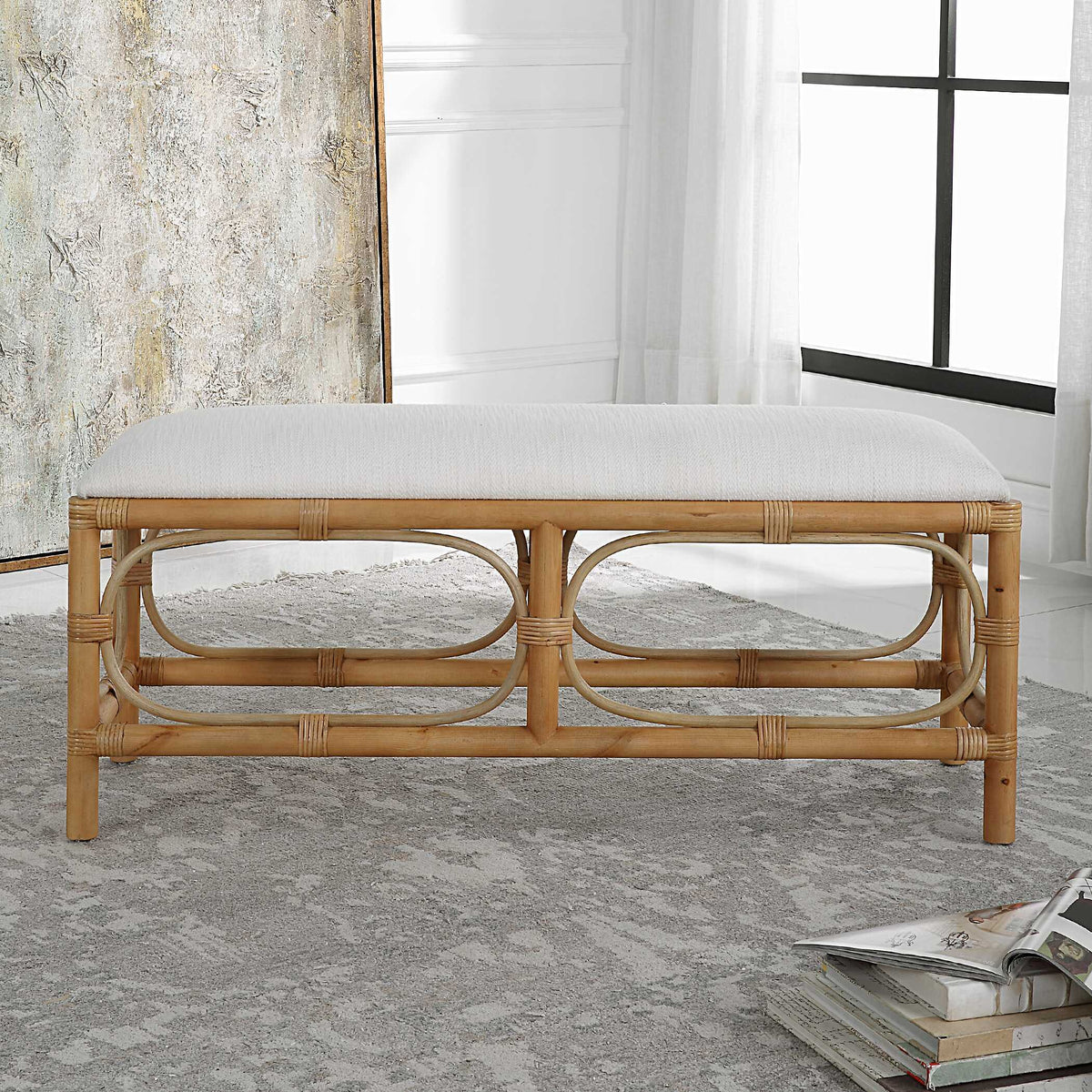 Laguna Fabric Rattan Bench - Light Brown / White by Uttermost - View 3