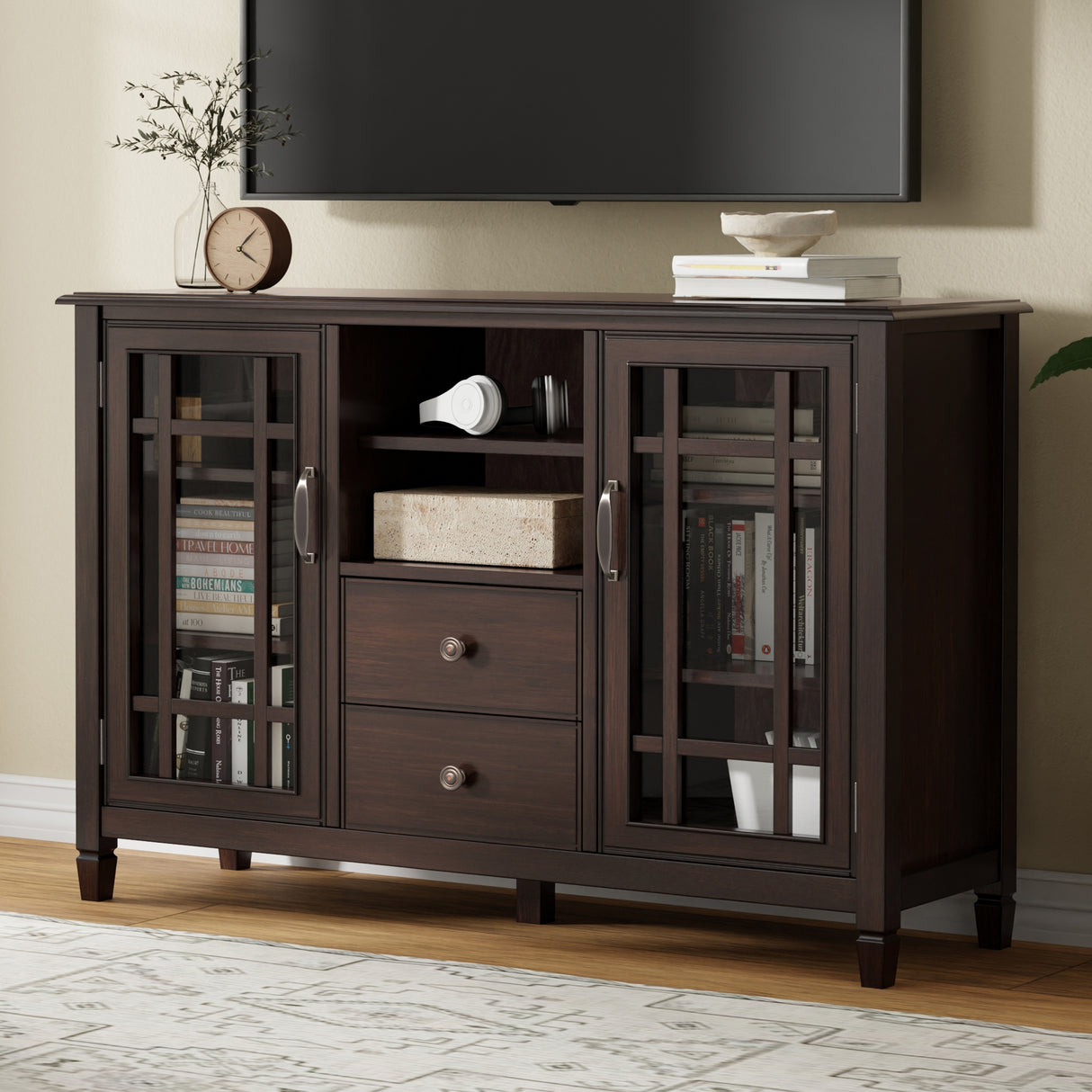 Connaught 53 inch Wide Solid Wood Tall TV Stand in Dark Chestnut Brown For TVs up to 60 inches