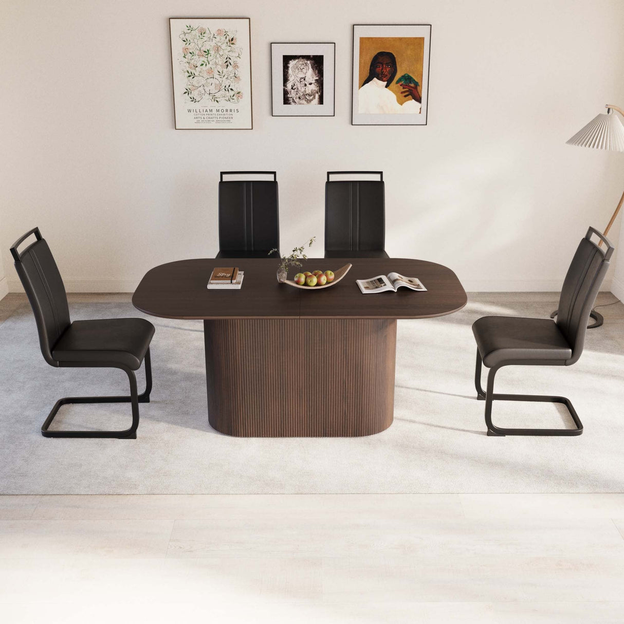 63 'medieval modern brown style MDF dining table and PU armless dining chair set 4. Assemble Desktop and Black metal leg dining chair set, suitable for home&kitchen - sold by Home Elegance USA