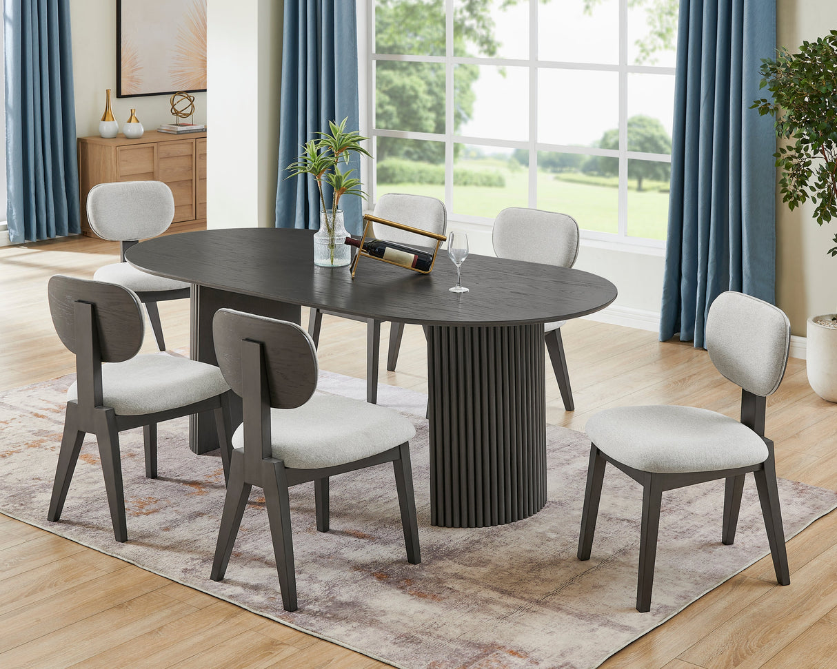 Valencia 7-Piece 80' Oval Gray Oak Finish Dining Set with Dual Pedestal Base & Light Gray Fabric Upholstered Chairs - sold by Home Elegance USA