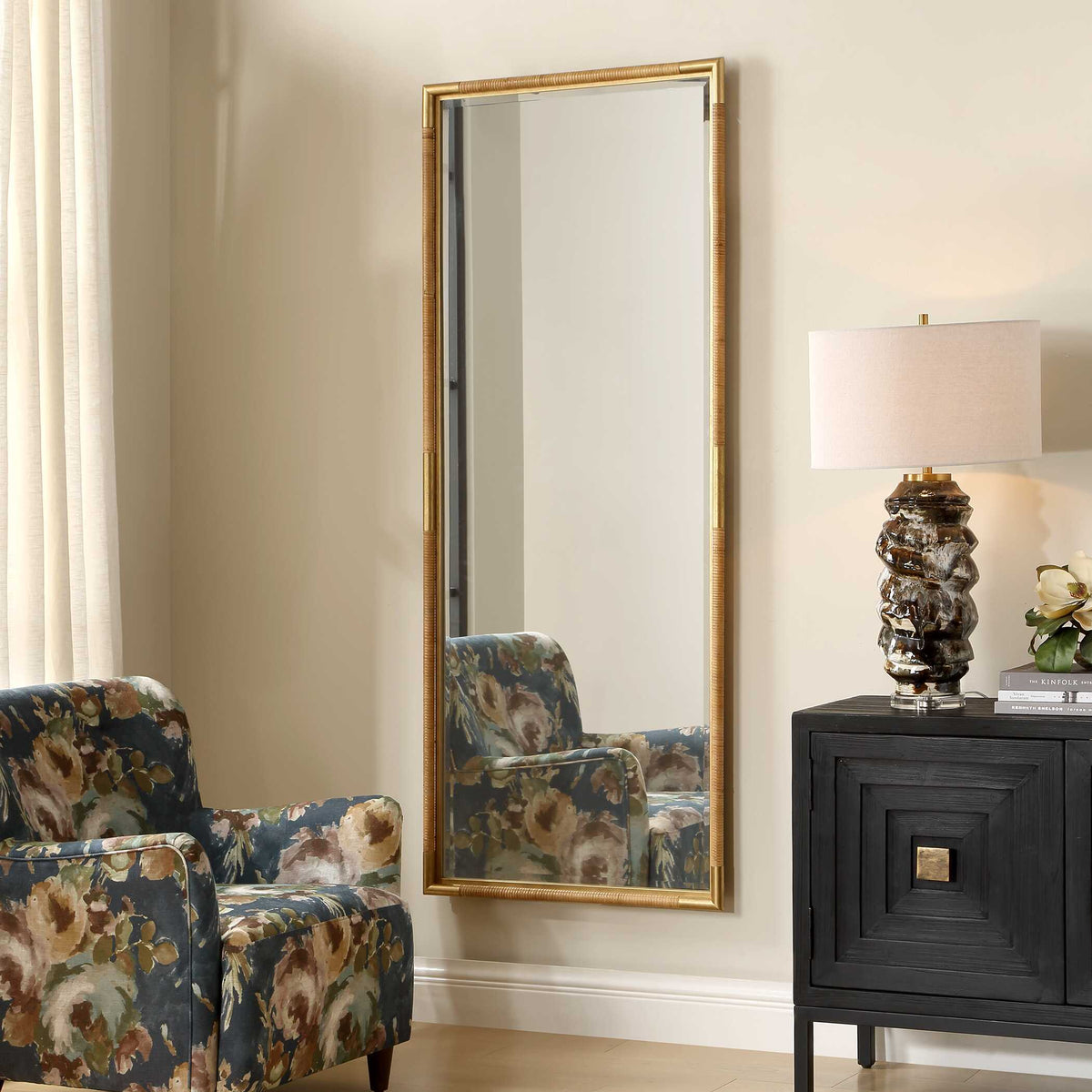 Kampar Full Length Rattan Tall Mirror - Gold by Uttermost - View 3