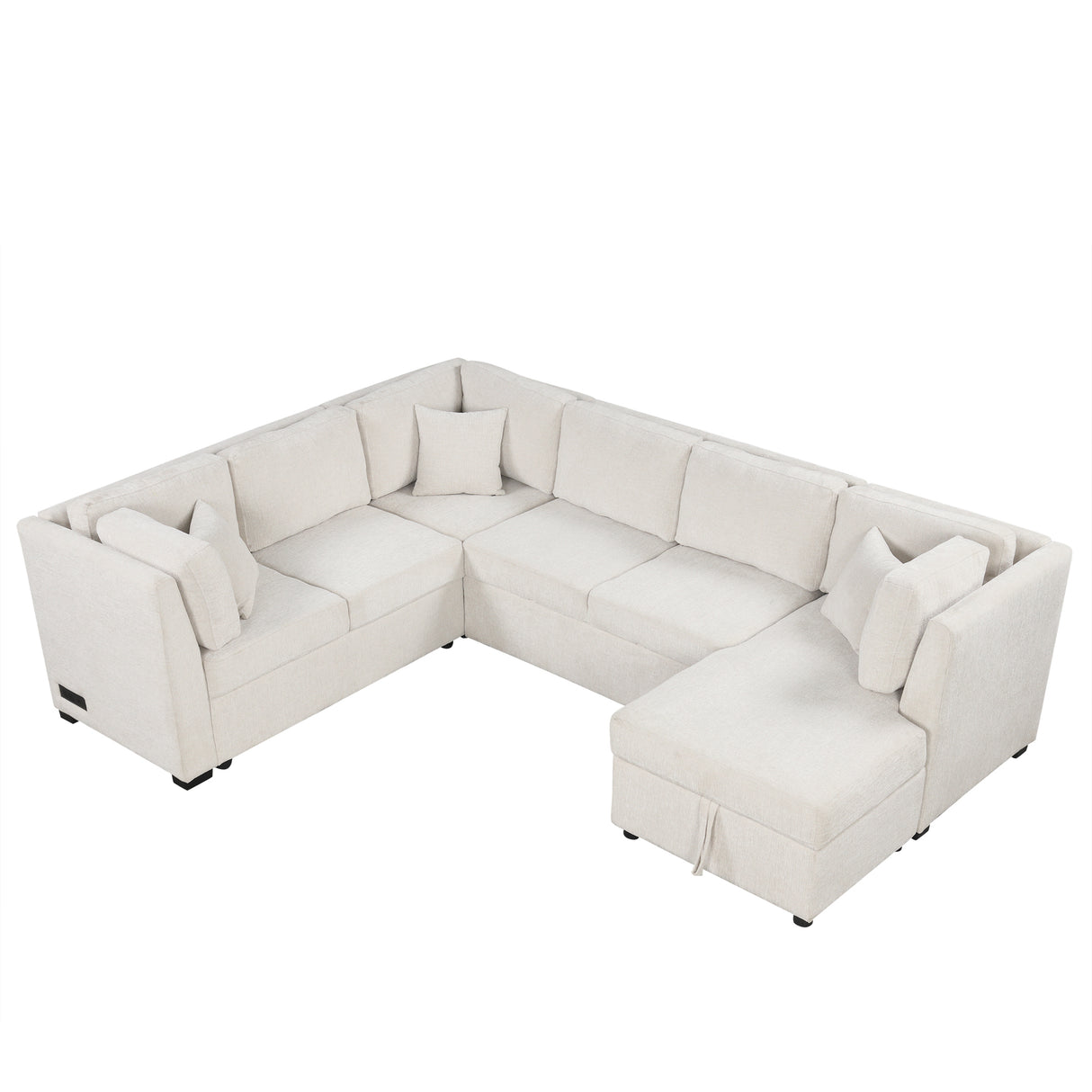 Beige U-shaped Sectional Sofa Pull Out Sofa Bed with USB Ports, Power Sockets, Back Pillows, Storage Chaise