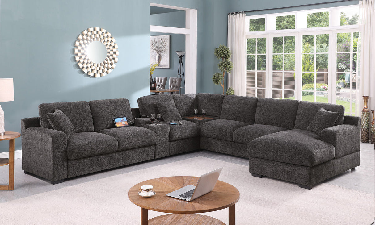 Chiara 141.5'W Gray Chenille Fabric Corner Sectional Sofa with Right-Facing Chaise, Cupholders, and Charging Ports