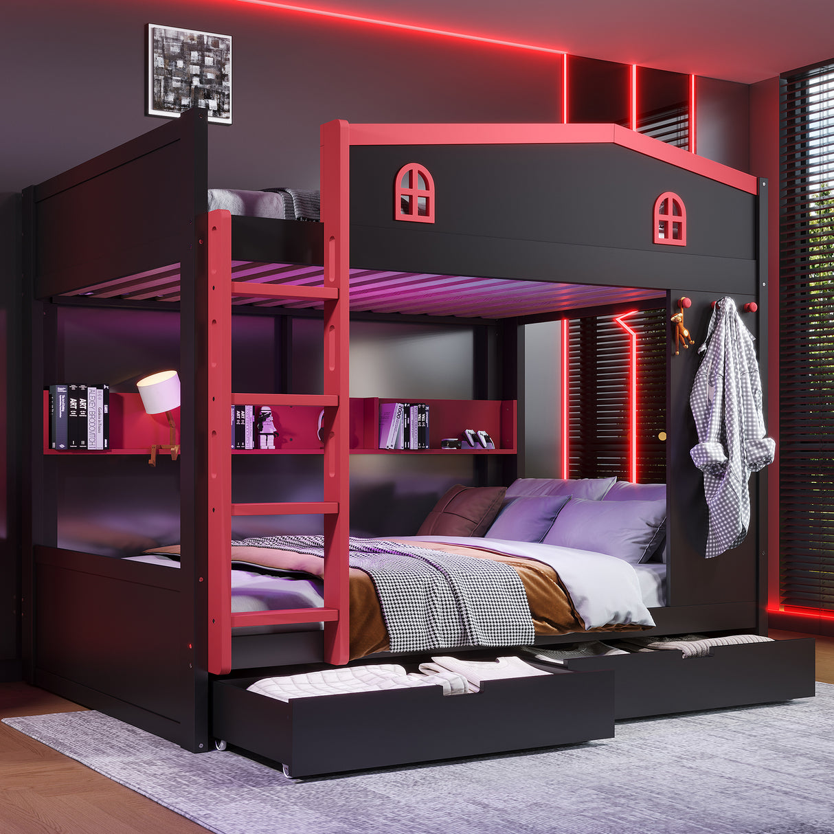Queen over Queen Bunk Bed with Storage Drawers and Shelves, Solid Wood Bunk Beds with hooks, No Box Spring Needed, Black&Red