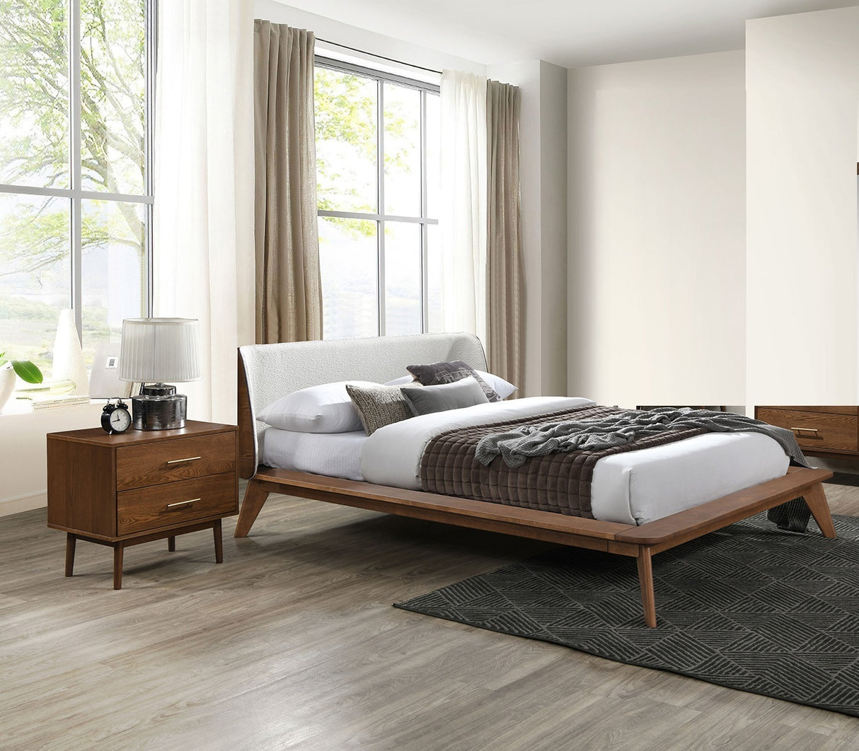 Gorgeous Walnut 3pc Bedroom Set Full Size Bed 2x Nightstands Beige Upholstered Fabric Winged Edge Panel HB Mid-Century Modern Style