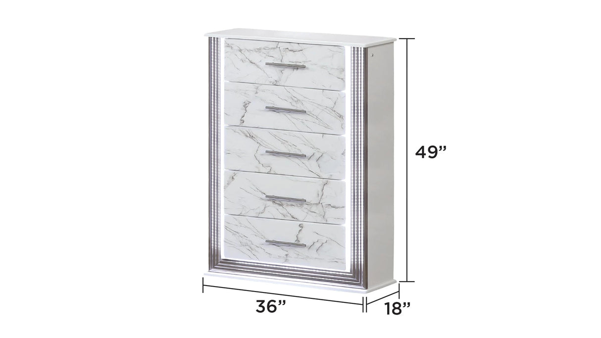 Desire Queen 5-Piece Bedroom Set – LED Upholstered Bed with Footboard Storage, Dresser, Mirror, Nightstand, and Chest in White & Marble Finish with Metallic Accents(CA INVENTORY) - sold by Home Elegance USA