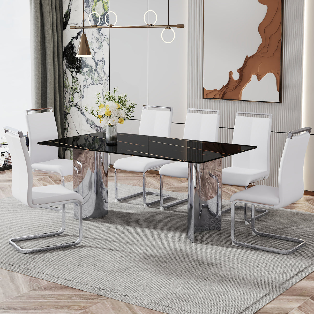 Table and chair set.The table has a glass top with imitation marble pattern stickers and stainless steel silver legs.Paired with 6 White PU Chairs with Silver C-tube Metal Leg.