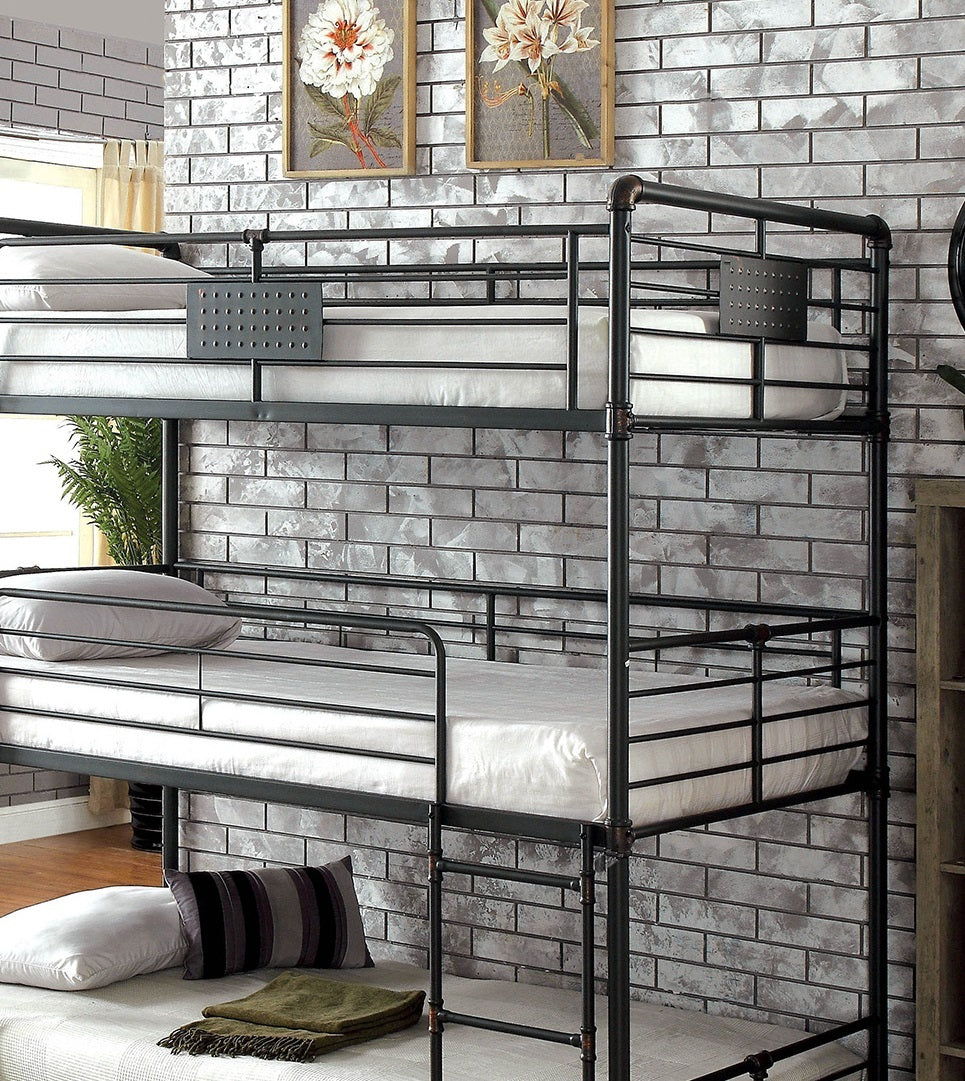 Twin Over Twin Over Twin Bunk Bed Industrial Style Metal Structure Attached Dual Ladder Upper Guard Rails Pipe Framework Antique Black Finish - sold by Home Elegance USA