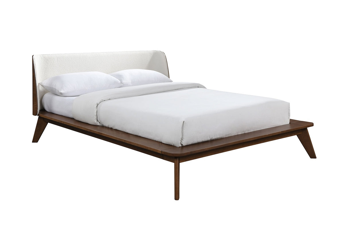 Walnut / Beige Color King Size Bed 1pc Fabric Winged Edge Headboard Platform Bedframe Mattress Ready Mid-Century Modern Style