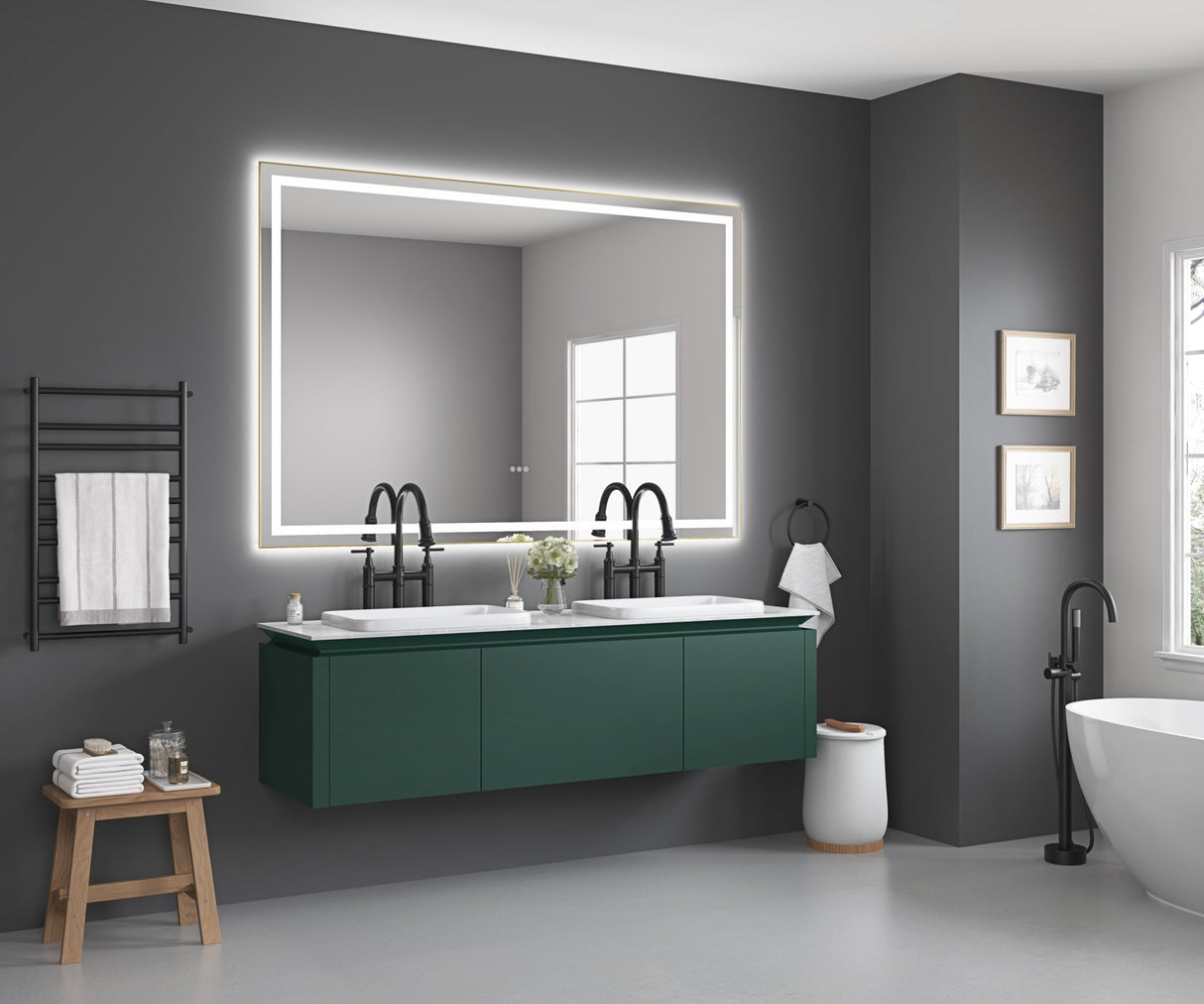 84in. W x 48in. H Oversized Rectangular Black Framed LED Mirror Anti - Fog Dimmable Wall Mount Bathroom Vanity Mirror HD Wall Mirror Kit For Gym And Dance Studio 48X 72Inches With Safety Ba | Home Elegance USA