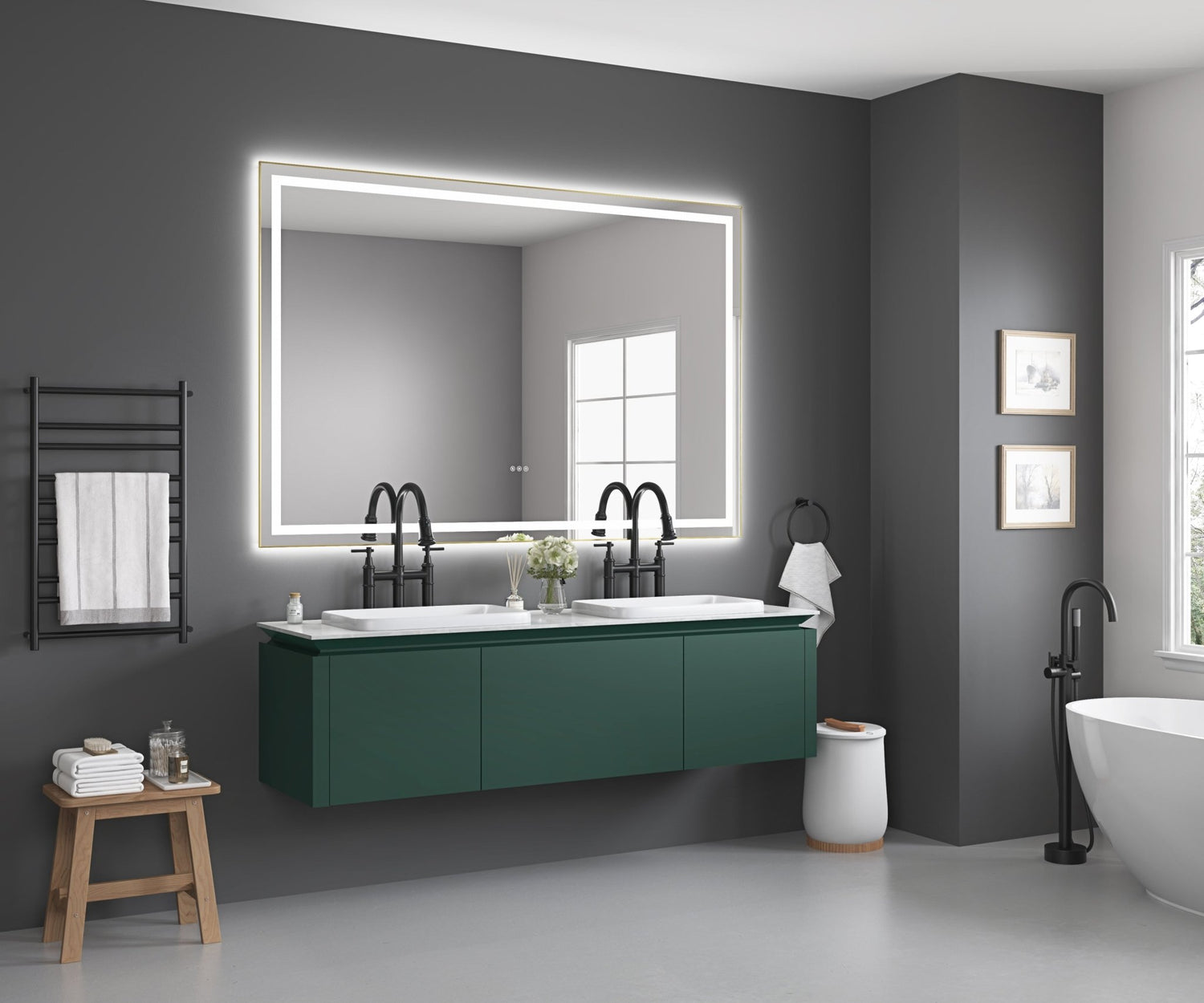 84in. W x 48in. H Oversized Rectangular Black Framed LED Mirror Anti - Fog Dimmable Wall Mount Bathroom Vanity Mirror HD Wall Mirror Kit For Gym And Dance Studio 48X 72Inches With Safety Ba | Home Elegance USA