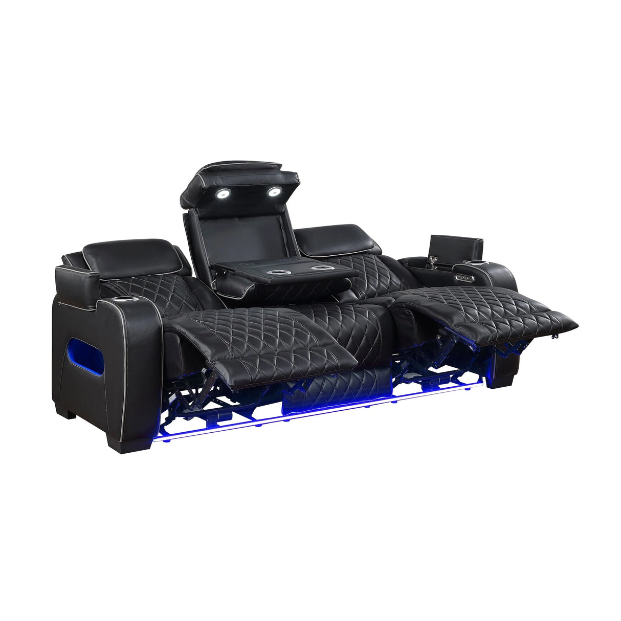 Fairway Power Reclining Sofa in Black Faux Leather, LED Lighting | Homelegance