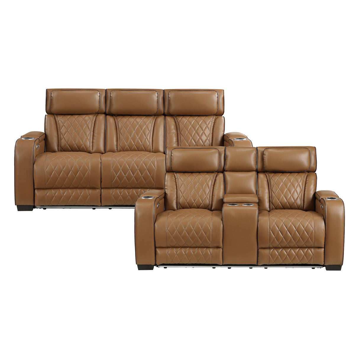 Fairway 2 Piece Power Reclining Sofa and Loveseat Set in Brown Leather | Homelegance