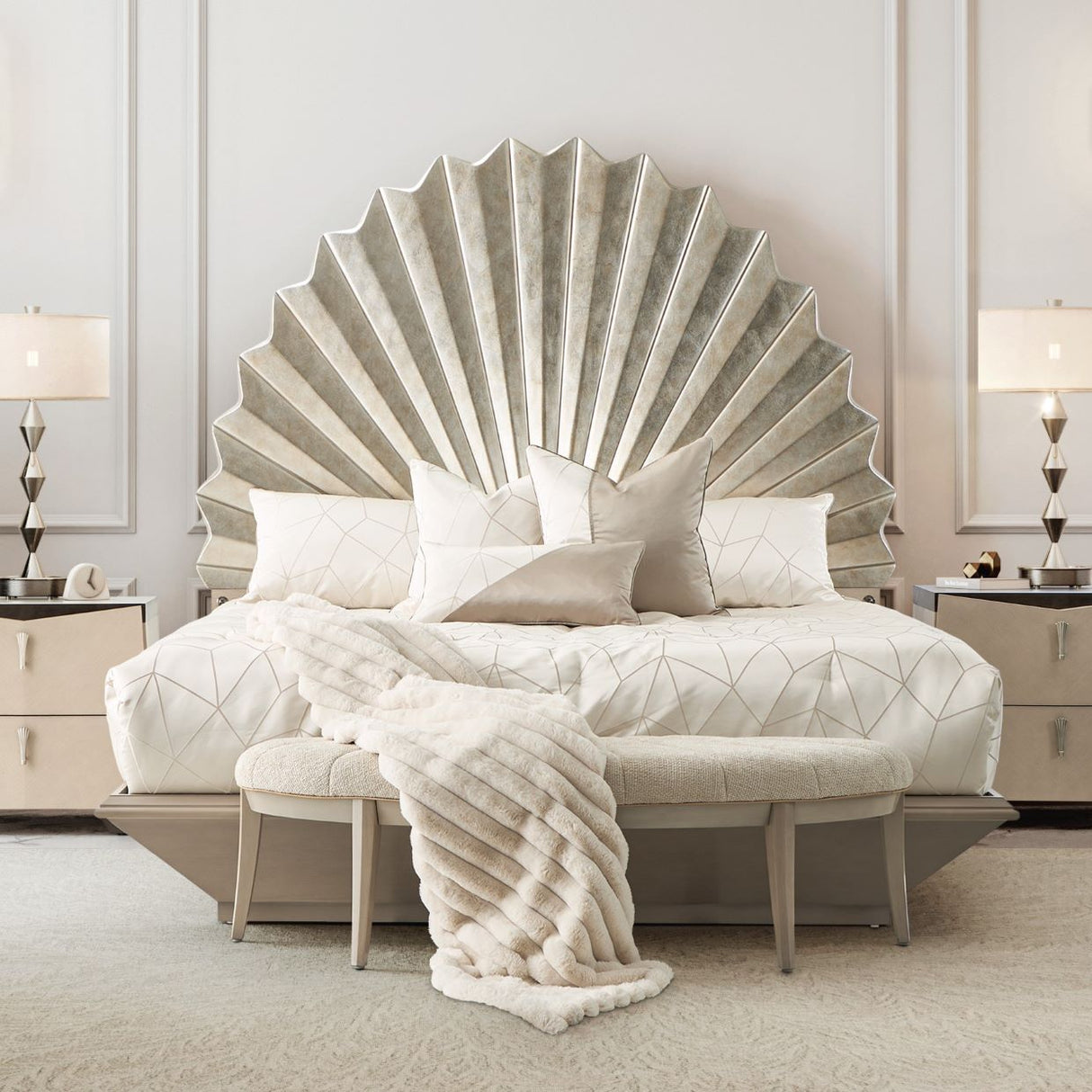 Fantosini Eastern King Fan Bed in Silver Leaf Finish | AICO by Michael Amini