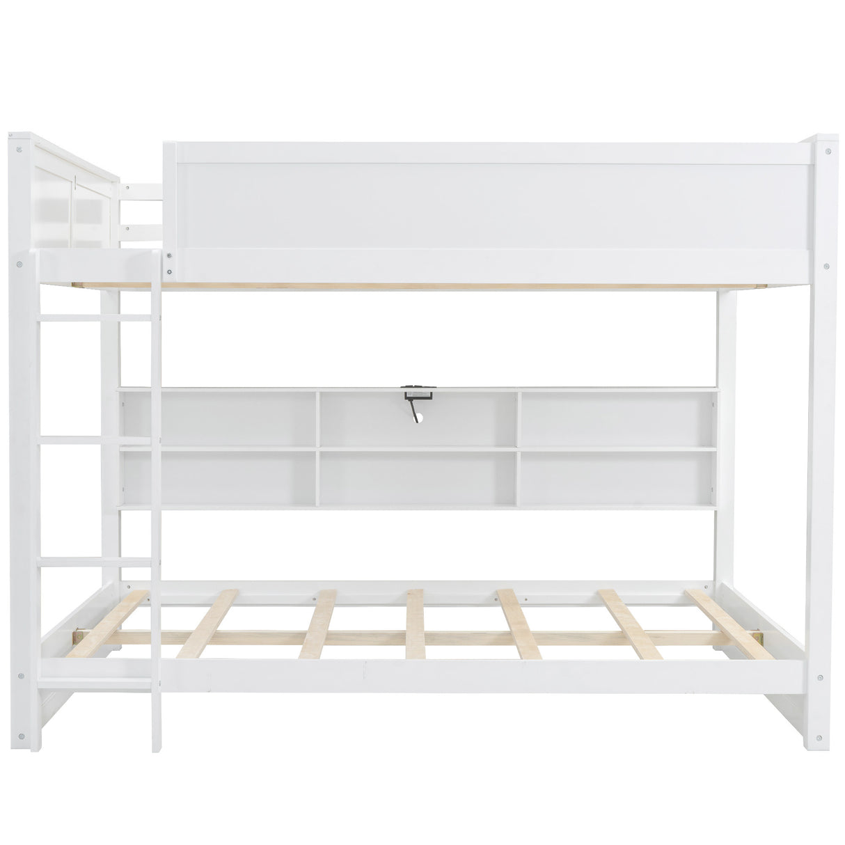 White Queen over Queen Bunk Bed with Storage Cabinets and USB Ports, Pine Wood+MDF