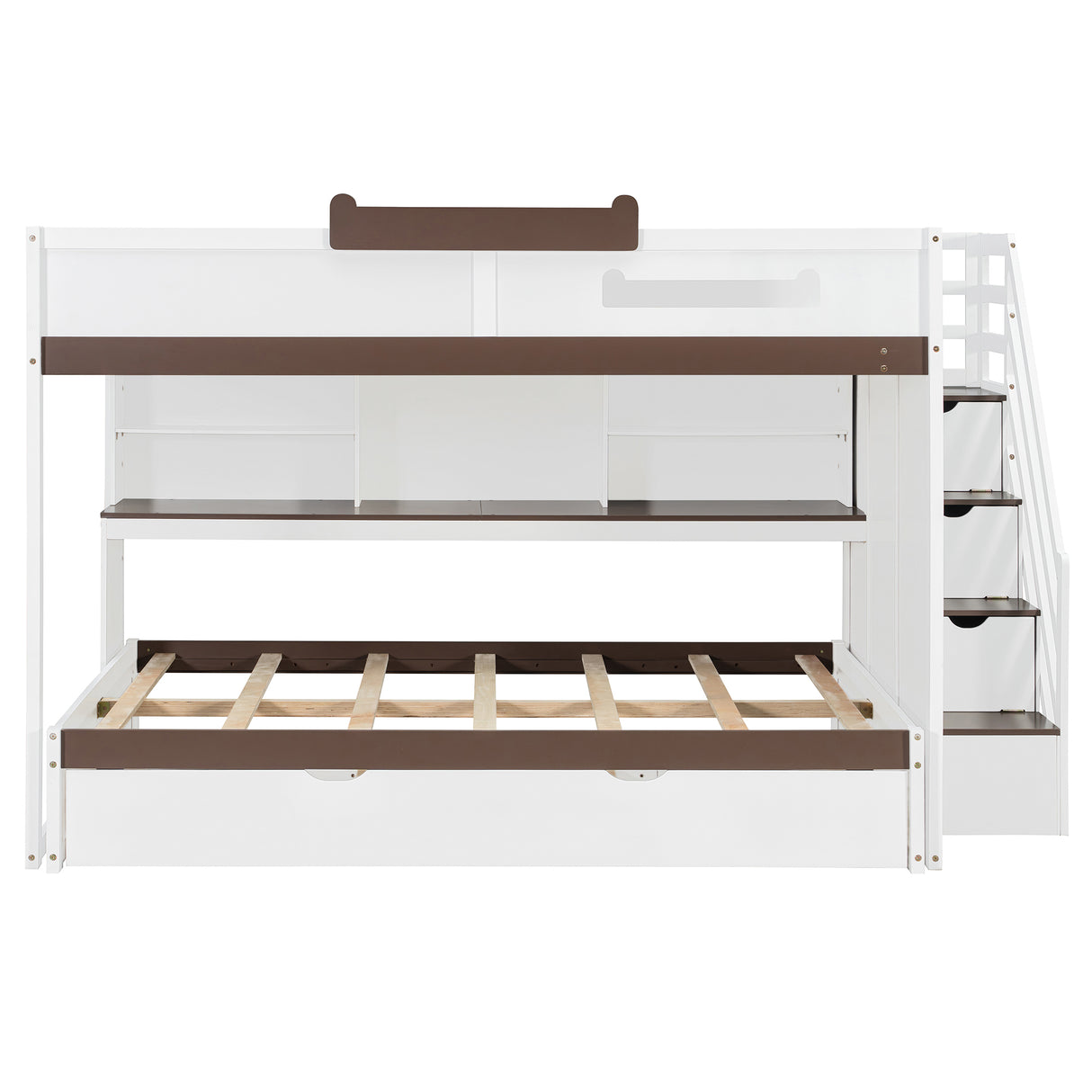 Full Over Full Bunk Bed with Twin Size Trundle and Staircase, Shelves, LED,White - sold by Home Elegance USA