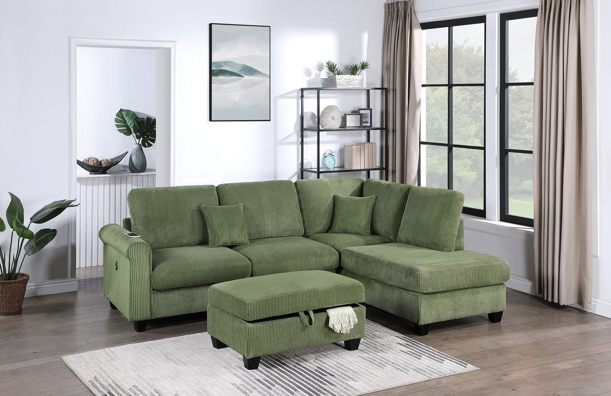 Gorgeous Sage Color 3pc Sectional Set Corduroy Upholstered LAF Sofa RAF Chaise Ottoman L-Sectional Living Room Furniture - sold by Home Elegance USA