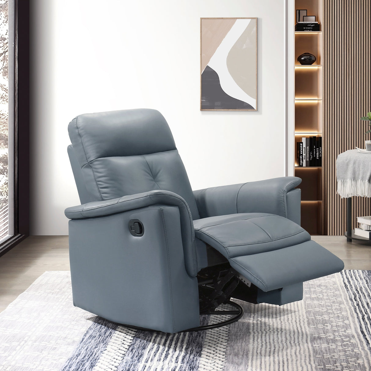 Blue Gray Leather Upholstered Reclining Chair Swivel Glider Motion Modern Living Room Furniture Comfort Chair 1pc