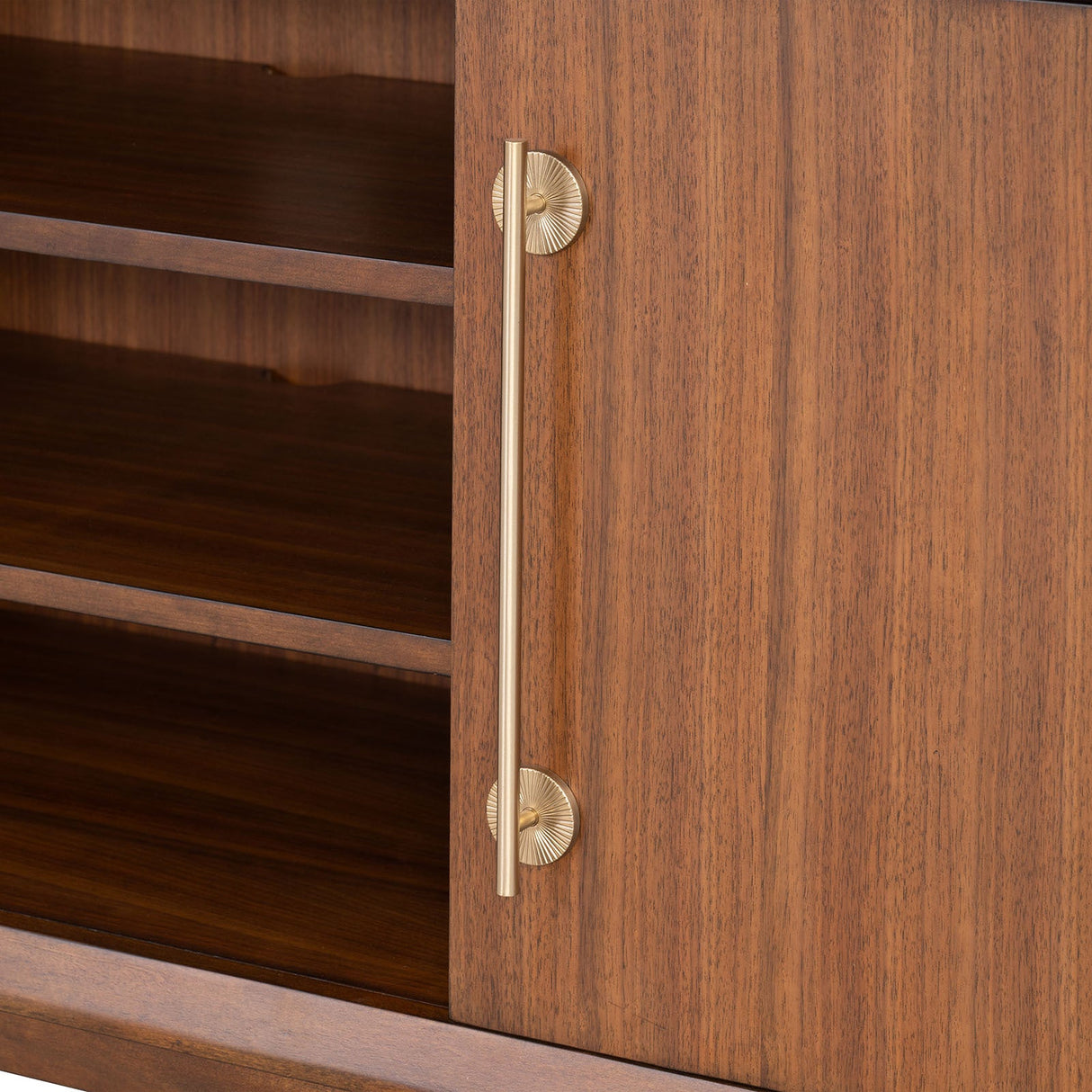 Mid-Century Modern TV Stand Gold Capped Legs Adjustable Shelves Walnut Finish - sold by Home Elegance USA