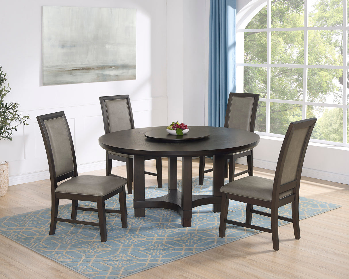 5pcTransitional Round Table with Lazy Susan PU Upholstered Chairs Brown Finish Wooden Solid Wood Wooden Dining Room Furniture