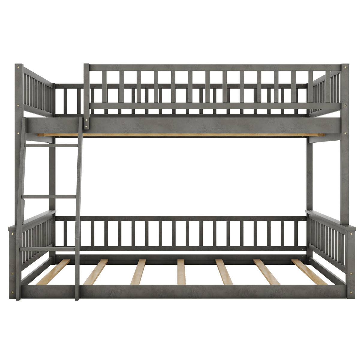 Gray Full XL over Queen Bunk Bed with Ladder and Guardrails, Pine Wood+MDF, 84.7''L x 63.7''W x 58.3''H