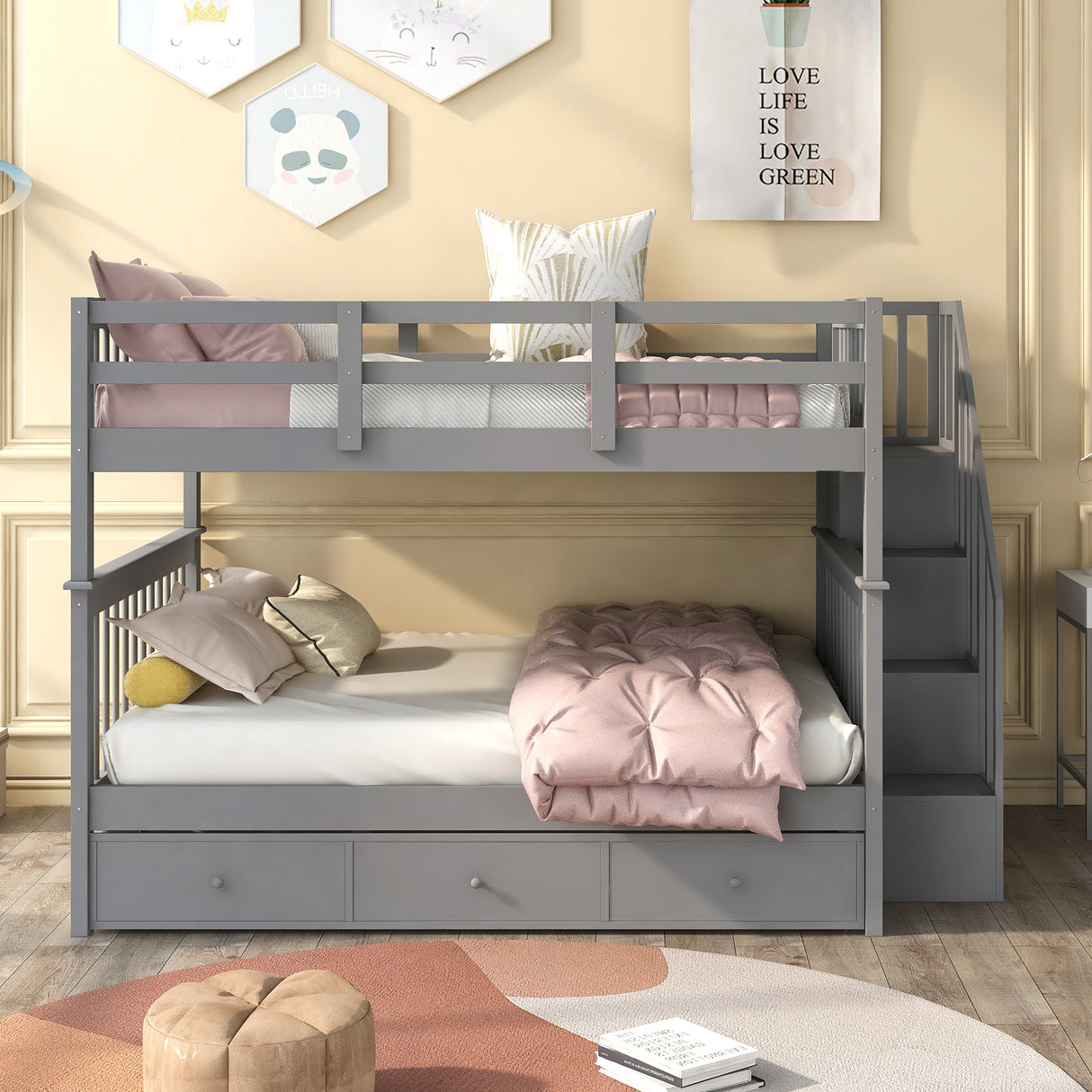 Stairway Full-Over-Full Bunk Bed with Drawer, Storage and Guard Rail for Bedroom, Gray (OLD SKU: LT100310AAE) - sold by Home Elegance USA