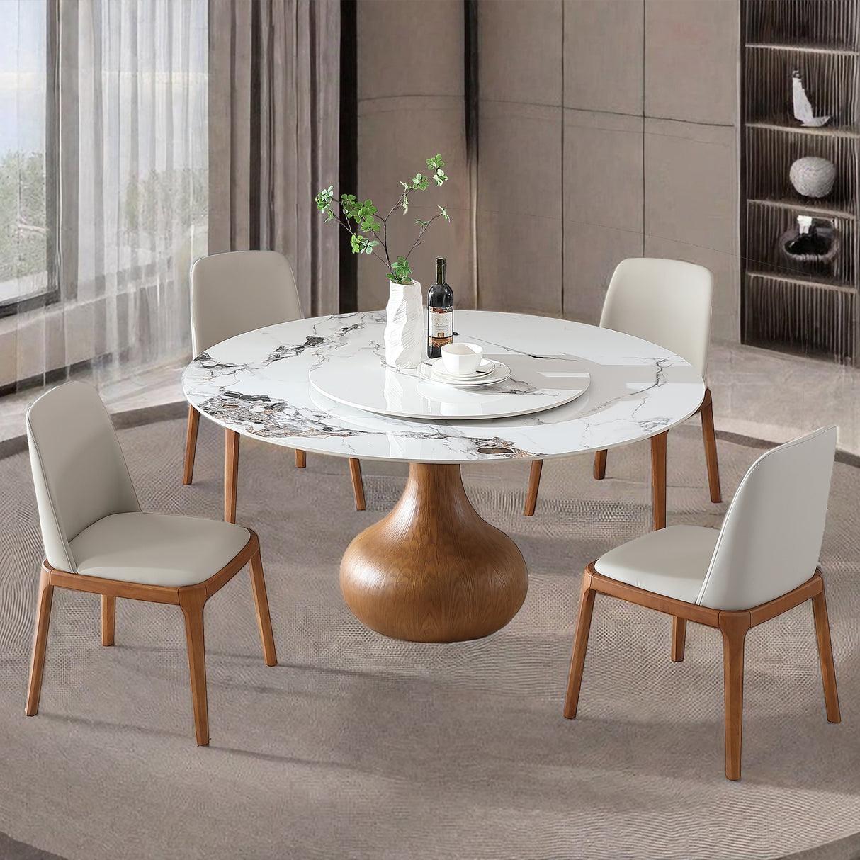 53' Round Sintered Stone Dining Table with Modern Marble Look, Dining Room, Compact Space With Lazy Susan (4 chairs)