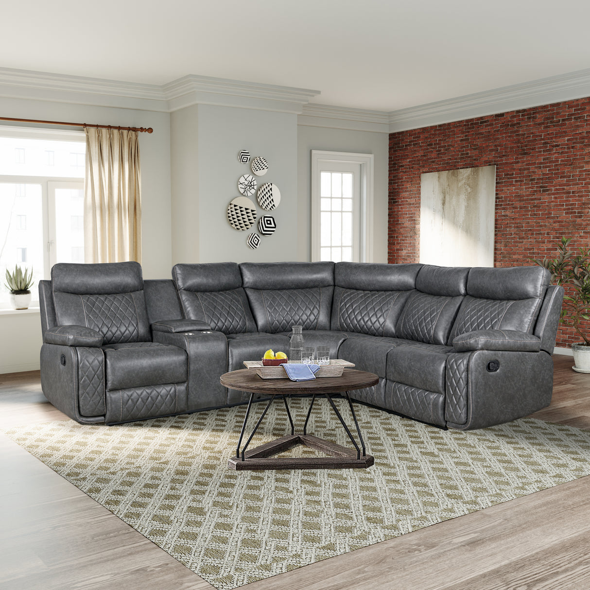 Home Theater Seating Manual Recliner with Cup Holder, Hide-Away Storage PU Reclining Sofa for Living Room, Home Theater, Gray - sold by Home Elegance USA
