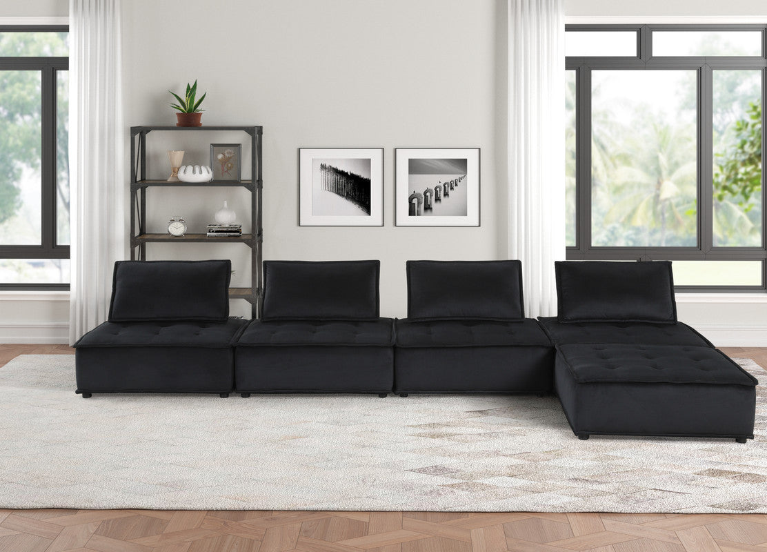 Aveline 160'W Black Velvet 5 Pc Sectional Sofa Ottoman