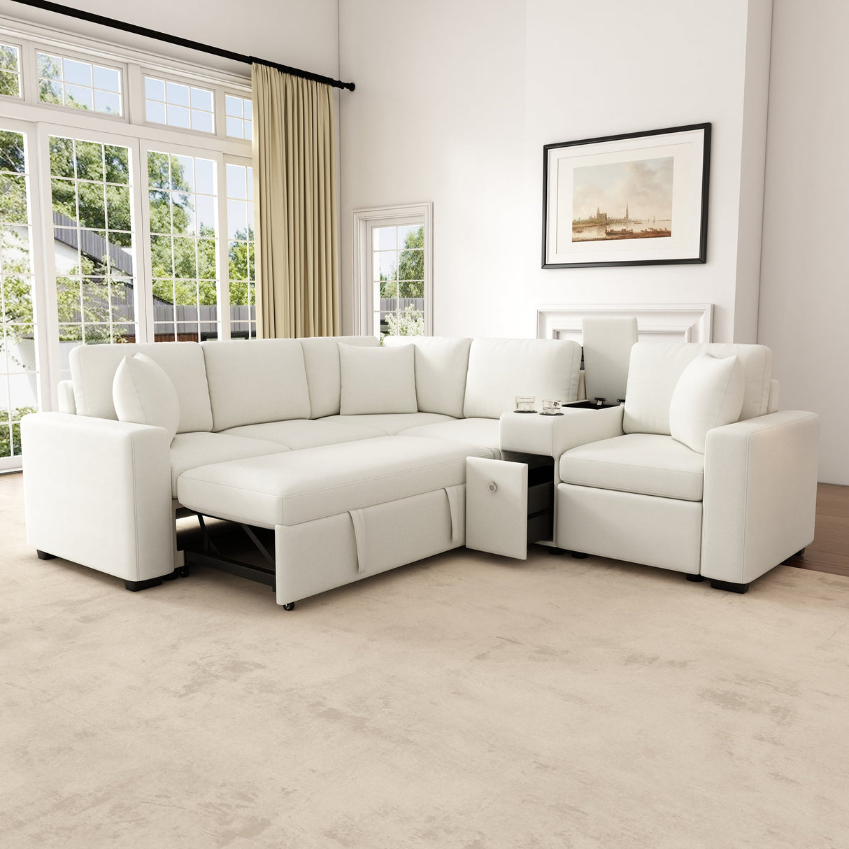 120.5' L-shaped Convertible Sofa Bed Modular Sectional Sofa Reversible Sleeper with Pull-Out Bed, Cup Holders, and Ample Storage Space for Living Room(Old SKU:N719S001940K), White - sold by Home Elegance USA