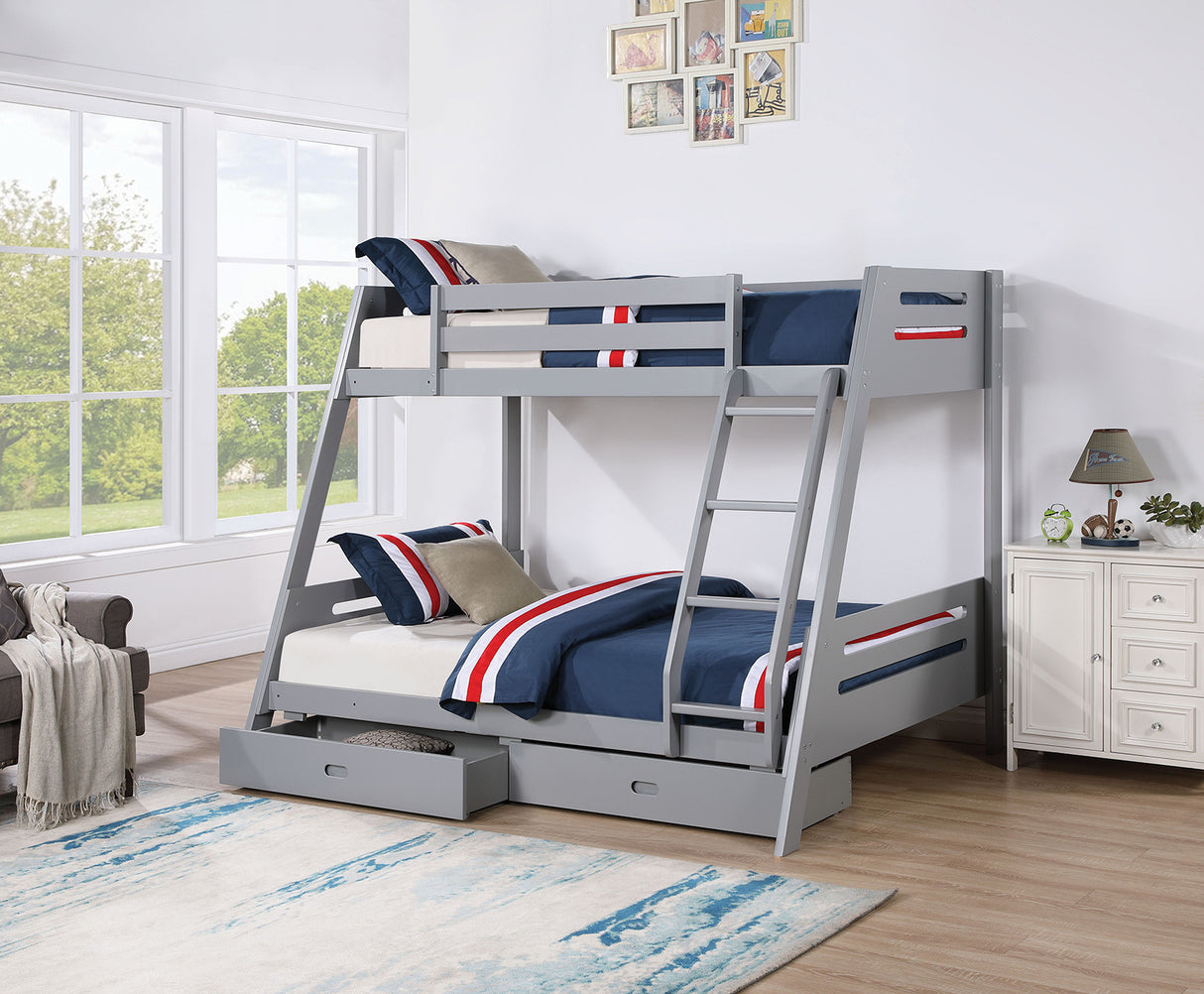 Transitional Bunk Bed Gray Finishing And Underbed Drawers Angled Ladder