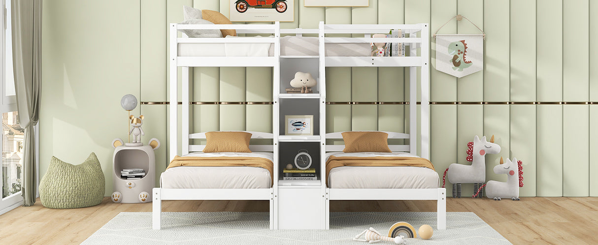 Twin over Twin & Twin Bunk Bed with Built-in Staircase and Storage Drawer,White - sold by Home Elegance USA