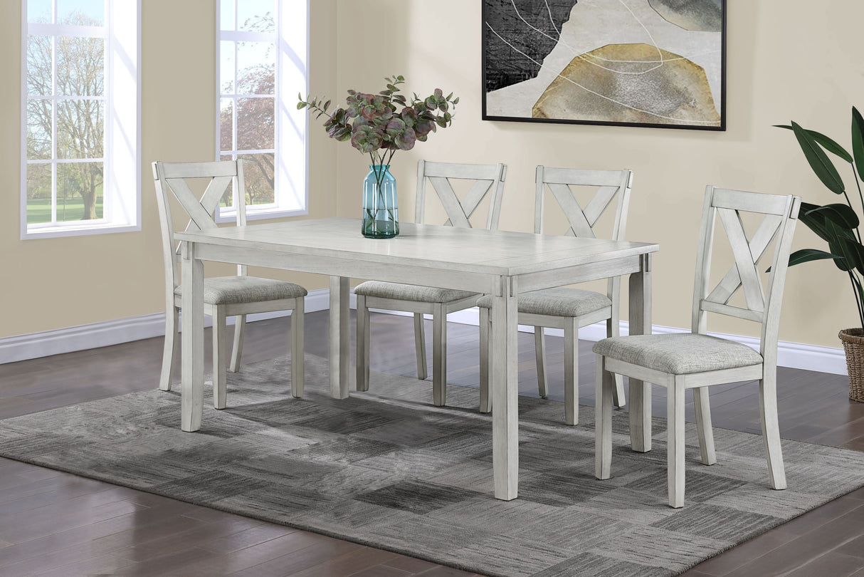 Rustic Farmhouse Transitional 5-Piece Dinette Dining Set Rectangular Table Linen Look Fabric Upholstered Chair Seat Wooden Dining Room Furniture White/Gray Drift Wood Finish - sold by Home Elegance USA