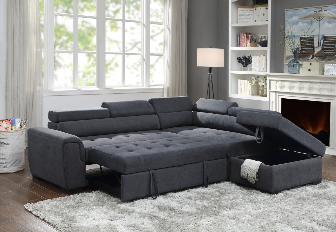 Haris 97' Dark Gray Fabric Sleeper Sofa Sectional with Adjustable Headrest and Storage Ottoman