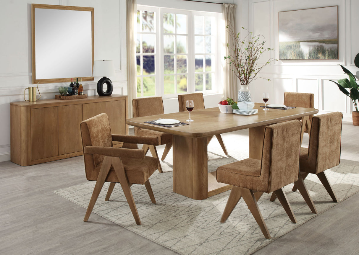 Zoey 7-Piece Light Oak Finish Dining Set with Upholstered Chairs and Rectangular Pedestal Table
