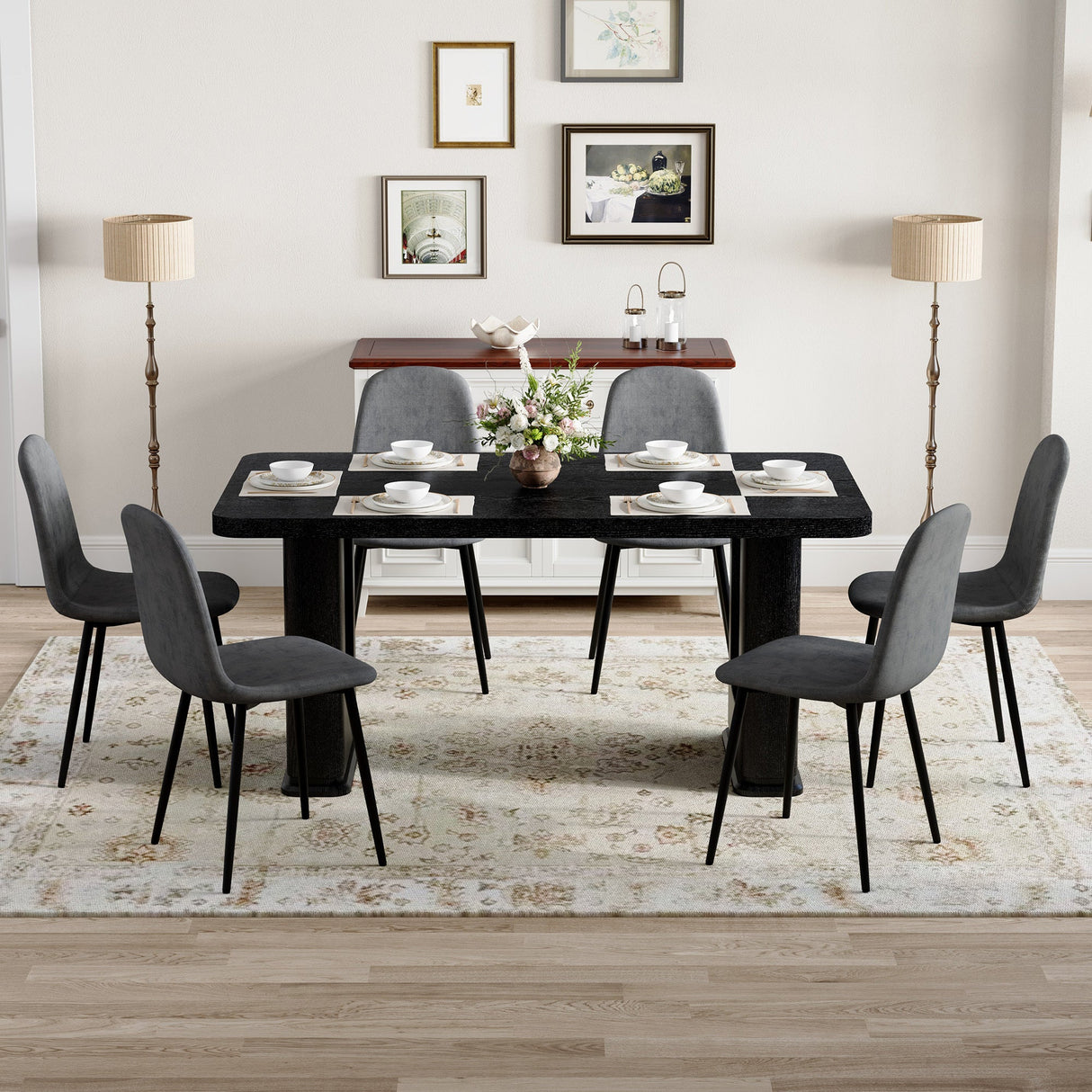 Table and chair set.64.5 x 35.4 Inch Stylish Black Wood Color Textured Dining Table.Paired with 6 Dark Gray Linen-Cotton Material High Resilience Dining Chair with Metal Leg. - sold by Home Elegance USA