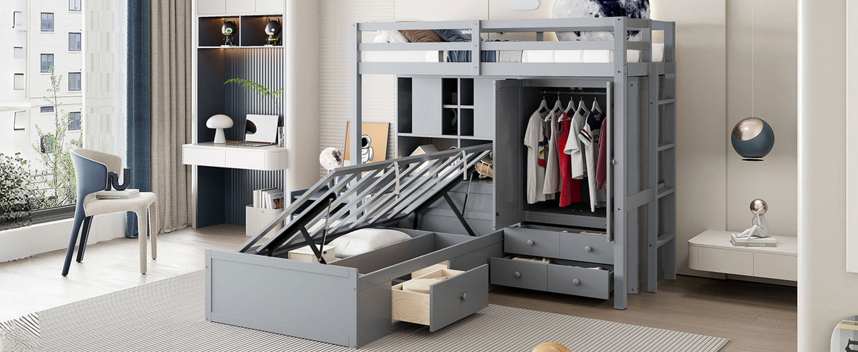 Twin Bunk Bed with Drawers, Wardrobe, Storage Shelves and Hydraulic Bed,Gray - sold by Home Elegance USA