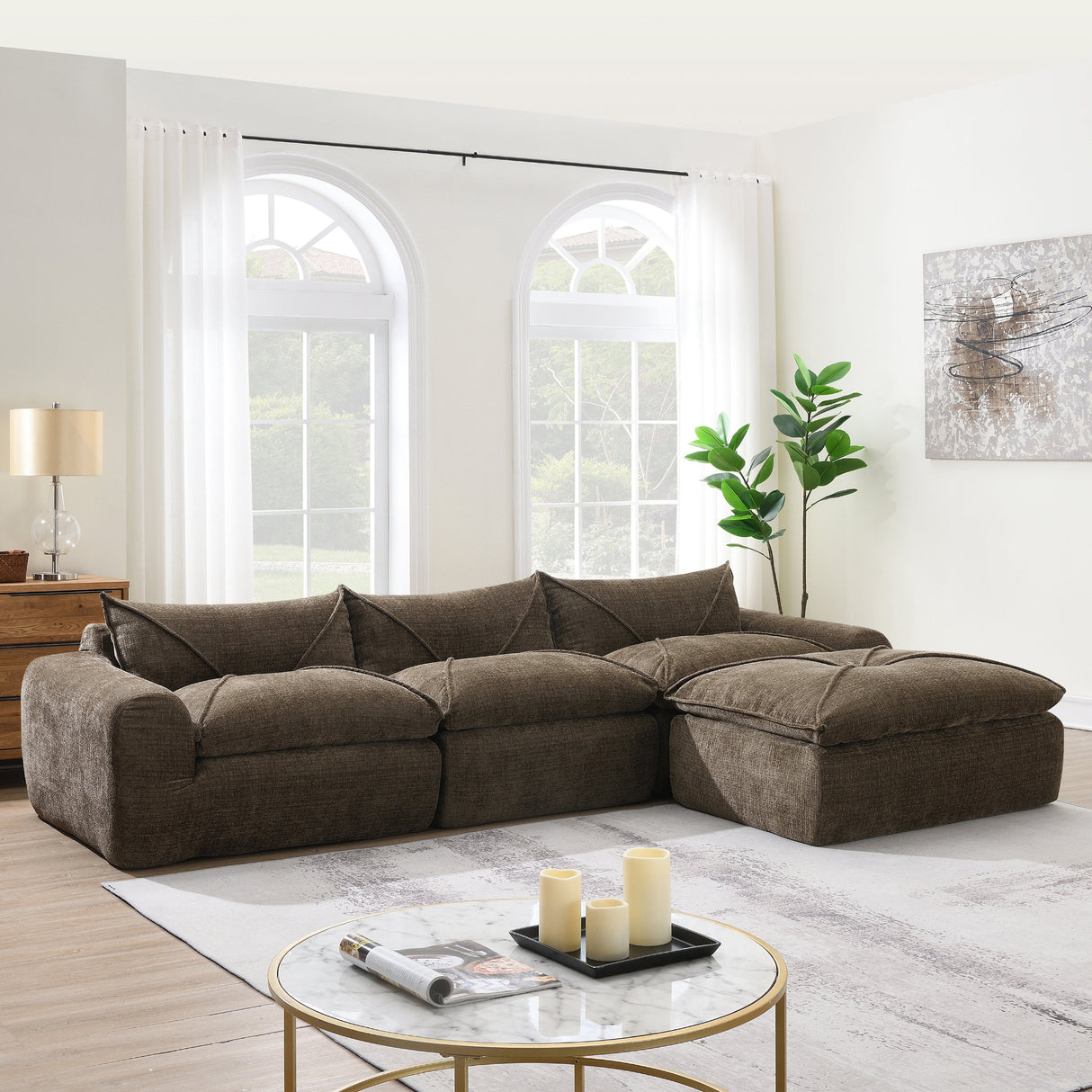 116'' Fully Compressed Sofa with High Density Foam, Integrated Backrest&Seat Cushion, Decorative Edging, Legless Design without Frame, No Assembly Required, Free Combination, Particle Chenille - sold by Home Elegance USA