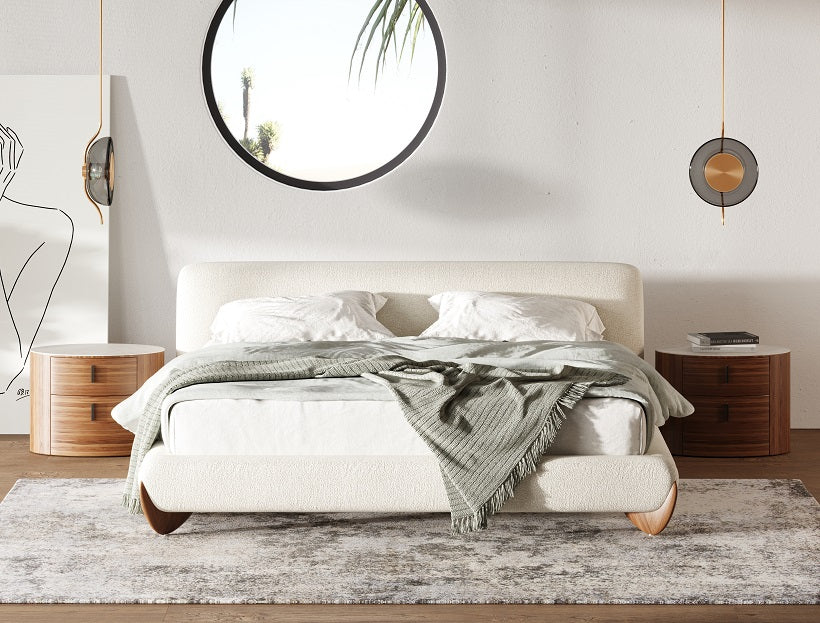 Fleury - Contemporary Cream Fabric and Walnut Bed-queen - View Image 1