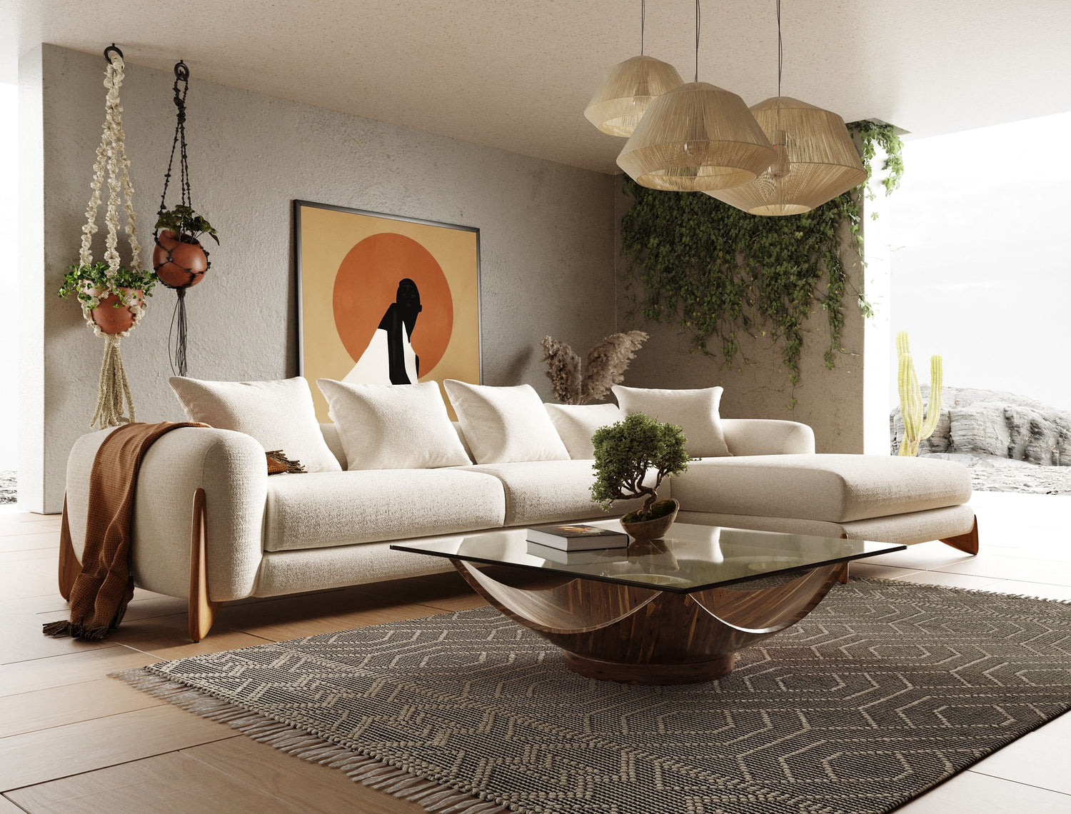 Modrest Fleury - Contemporary Cream Fabric and Walnut RAF Sectional Sofa - Home Elegance USA